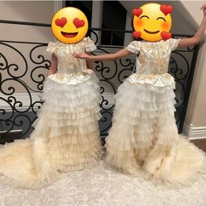 White gold ombre ruffle peplum sleeve flower girl pageant dress 4, 7, 8, 10, 12